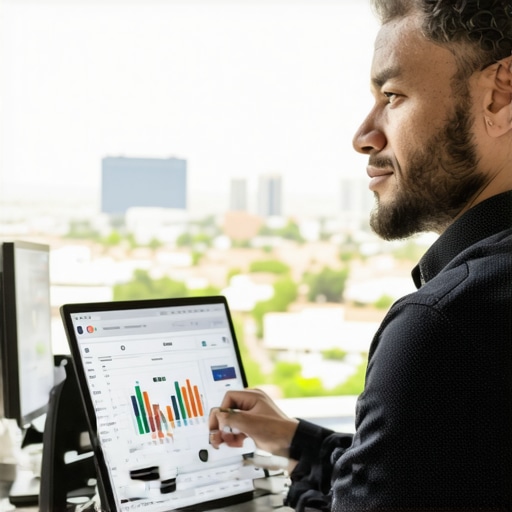 Analyzing Local SEO Performance in Gilbert Business owner analyzing SEO data with Gilbert cityscape in background