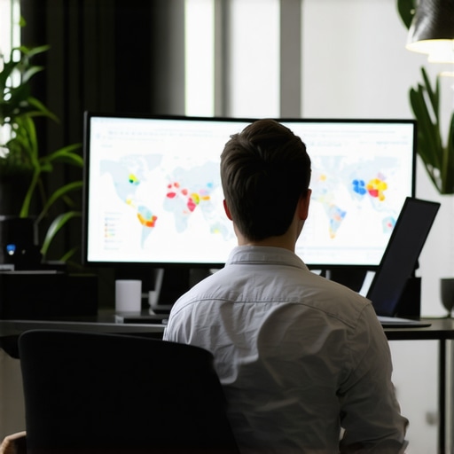 Digital marketer reviewing local SEO analytics and Google Maps performance on screens.