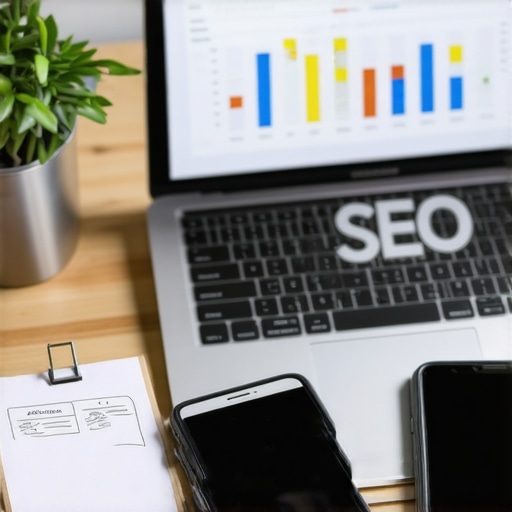 Effective Tools for Local SEO Maintenance Close-up of a workspace with SEO analytics tools and digital devices for local SEO management.