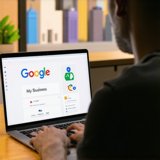 Business owner updating Google My Business profile on laptop with Gilbert city backdrop.