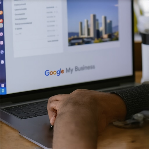 Person updating GMB profile on laptop with Gilbert cityscape in background