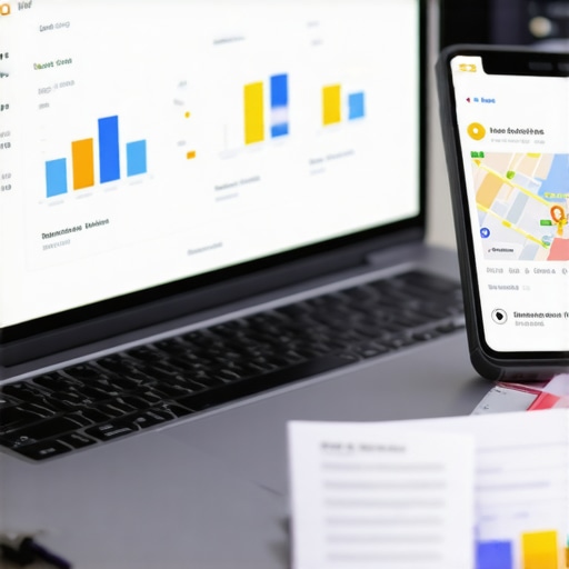 Optimizing Local SEO with Analytics Tools Laptop showing SEO analytics and smartphone with reviews on a desk.
