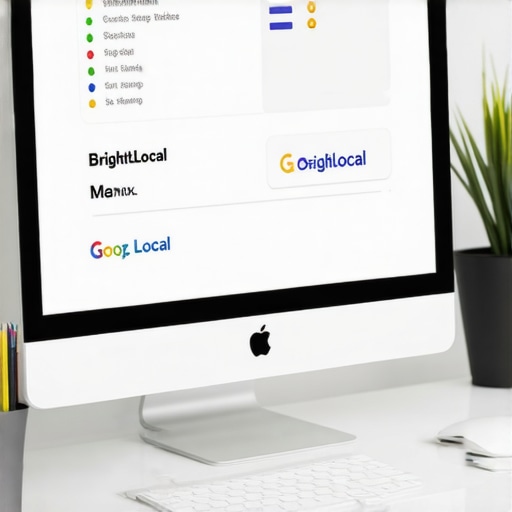 A workspace showing various SEO tools on a computer monitor, highlighting local SEO management.