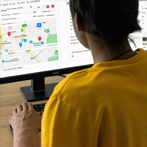 Person analyzing local SEO data on a laptop with maps and charts.