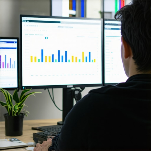 Business owner reviewing SEO analytics on a monitor.