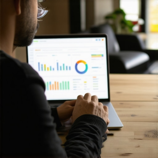 Business owner analyzing local SEO performance using a laptop with Gilbert city in background