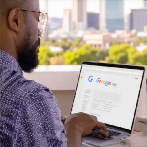 Business owner working on Google My Business profile with Gilbert cityscape in background.