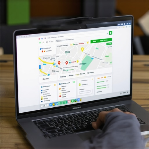 Business owner editing their Google My Business profile on a laptop with maps and SEO data