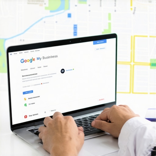 Person updating Google My Business listing with Gilbert city map in background.