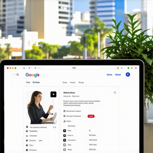 Optimizing Google My Business Profile in Gilbert Person editing Google My Business listing on a computer with Gilbert city view in background.