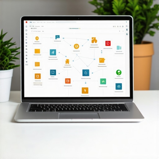 Laptop screen displaying data sync flowcharts for local business optimization