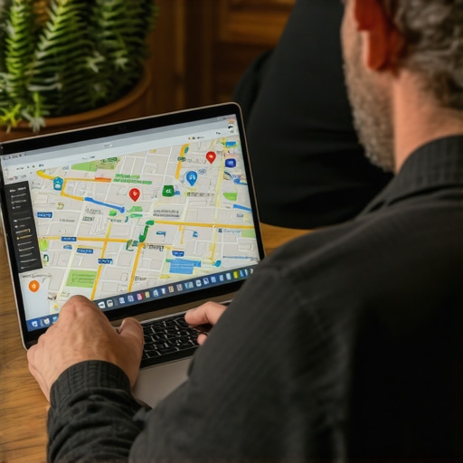 Person analyzing local SEO and Google Maps metrics with Gilbert landmarks in background.