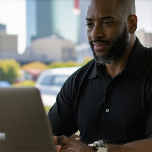 Business owner working on Google Maps optimization on laptop with Gilbert cityscape.