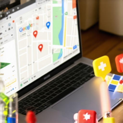 Laptop showing GMB dashboard with local maps and reviews on the screen.