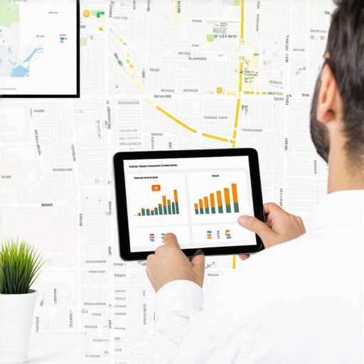 Advanced Local SEO Analysis in Action Businessman reviewing local SEO performance charts with Gilbert and Arizona maps in background.