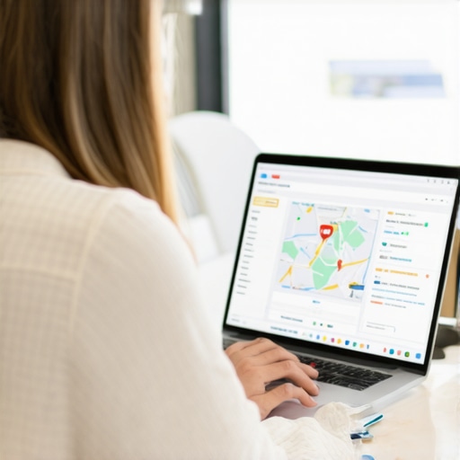 Marketing professional optimizing Google Maps profile on laptop with Gilbert city backdrop.
