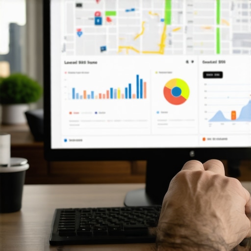 Person analyzing local SEO analytics on computer with Gilbert city skyline in background.